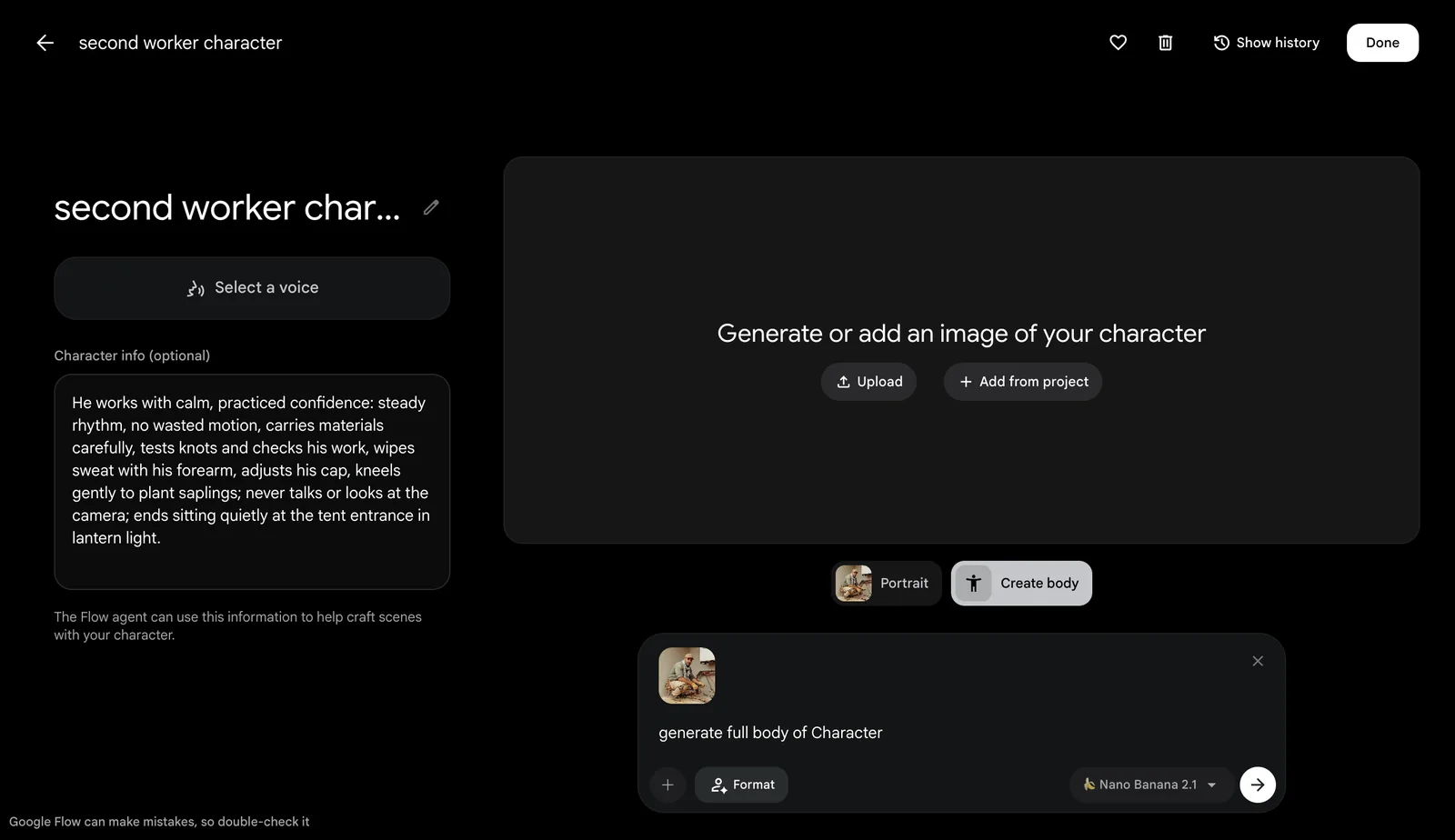 صفحه کاراکتر در گوگل فلو با متن رفتار کاراکتر در فیلد Character info و دکمه Create body