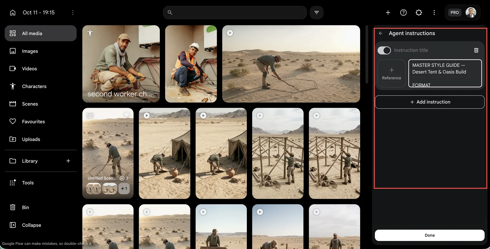 پنل Agent instructions در گوگل فلو با متن MASTER STYLE GUIDE — Desert Tent & Oasis Build